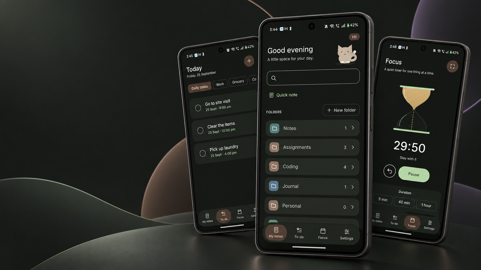 Memoeli on three Android phones showing notes, tasks and focus